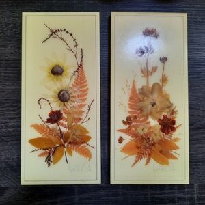 Vintage Pair of Dried Pressed Flowers Wall Decor Art Hangings by Henni Original